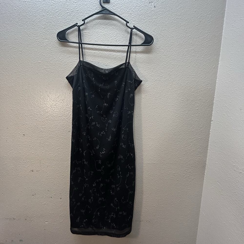 VTG‎ Y2K City Triangles Black Floral Glitter Fairy Dress Sz M Whimsigoth Mini